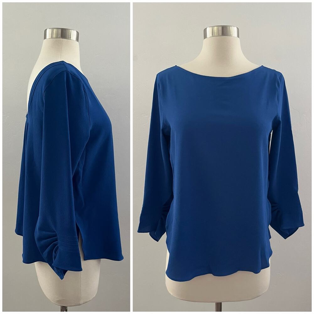 Massimo Dutti Blouse Size 4 Blue Textured 3/4 Sleeves Minimalist Monochrome NEW